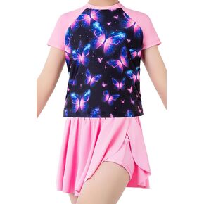 Toddler Girls Rashguard Set Flowy Skirt with Short Print Short Sleeve Shirt Non-See Through Swimsuit 3-12 Years