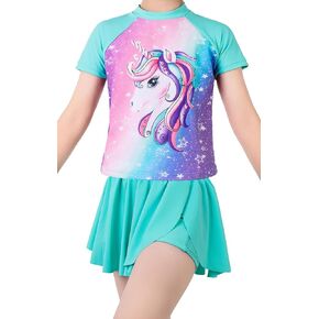 Girls Rashguard Set Flowy Skirt with Butterfly Short Print Short Sleeve Shirt Non-See Through Swimsuit 3-12 Years