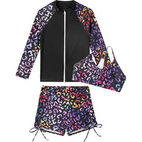 swimsobo Girls Swimsuit for Size 3-12 Years 3 Pieces Zipper Rash Guard Bikini Sets Bathing Suit with Boyshorts Swimwear