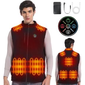 Men‘s Fleece Heated Vest with 8 Heating Pads 3 Temp Levels 3 Heating Zones Separate Control Rechargeable Battery Pack