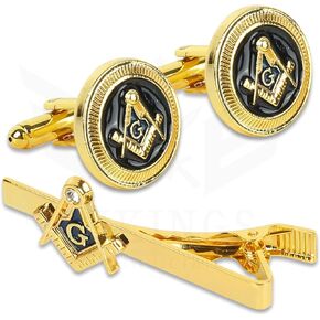 Masonic Freemason Square & Compass Tie Clip, Cufflinks, and Lapel Pin Set – Gold Mason Suit Accessories for Men