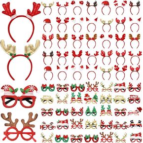 Giegxin 64 Pcs Christmas Glasses Frame and Headbands Set with 32 Christmas Party Headbands Cute Christmas Headband and 32 Funny Eyewear Xmas Hair Headwear for Christmas Xmas Holiday Party Favors