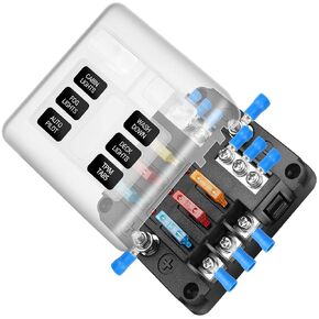 12V Fuse Block 6 Circuit Fuse Box Kit with Damp-Proof Fuse Panel Led Warning Indicator for Marine Automotive Motorcycle RV Truck DC 12-24V(12Pcs Fuses and Terminals Included)