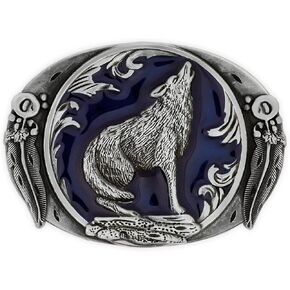 HAQUIL Wolf Retro Western Cowboy Wolf Leaf Belt Buckles Blue Enamel Grey Tone Wild Wolf For Men