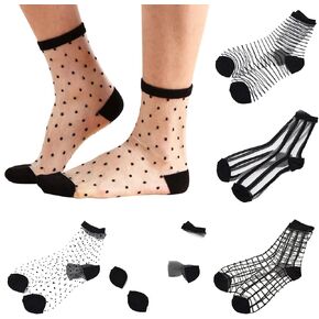 5 Pairs Sheer Socks women,Summer Thin Fishnet Transparent Mesh Lace Ankle Socks Casual Crew Socks black grid, One Size