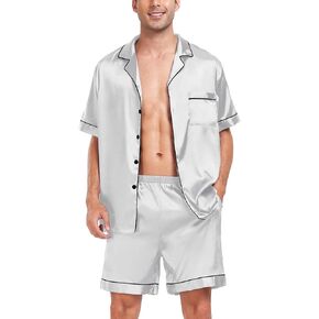 SWOMOG Men Satin Silk Pajamas Sets Short Sleeve Sleepwear Button-Down PJs Sets Two-Pieces Loungewear with Pockets