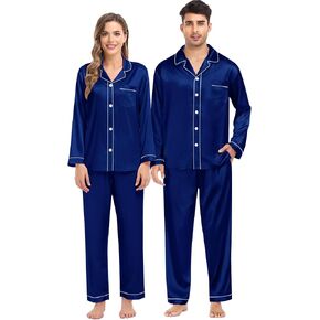 SWOMOG Women & Men Satin Pajamas Set Couple Matching Pajamas Long Sleeve Sleepwear Button Down Loungewear 2 Pcs Pj Set