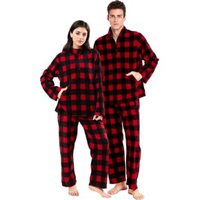 dressfan 2 Piece Unisex Plaid Pajamas Set,Quarter Zip Thermal Pajamas Pullover Christmas PJS Set for Family Couples