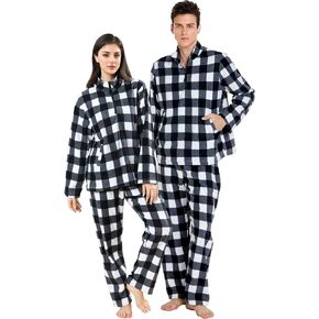 dressfan 2 Piece Unisex Plaid Pajamas Set,Quarter Zip Thermal Pajamas Pullover Christmas PJS Set for Family Couples