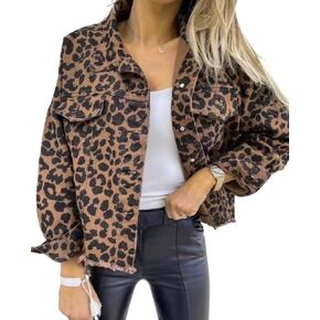 OCUH Jean Jacket Women Leopard Print Jacket Button Up Loog Sleeve Crop Jacket Y2k Streetwear Women Spring Jacket Casual