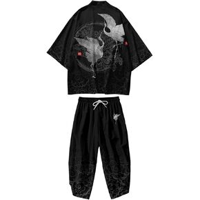 DOSLAVIDA Men's Japanese Kimono Jacket Set Stylish Open Front Coat With Shorts Chinese Style Printed Cardigan Suits