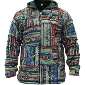 Shopoholic Fashion Men Outstiched Hoodie Fleece Lined Hippie Jacket with Adjustable And Detachable Hood