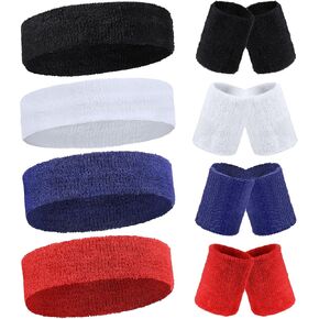 8 Sets Sweatbands Wrist Sweat Bands Workout Headbands Terry Cloth Sweatbands Absorbent Nonslip Stretchy Head Wrist Sweatband Wicking Wristband for Men Women