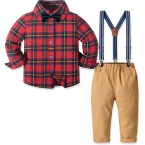 Nwada Toddler Suit Baby Boy Clothes with Dress Shirt, Suspender Pants and Bow Tie, Wedding Outfit 12 Months 7 Years