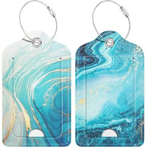 Hsxnam 2 Pack PU Leather Luggage Tags for Suitcase, Travel Cruise Luggage Tag with Privacy Flap, Name ID Label and Metal Loop for Women Men Baggage Handbag School Bag Backpack, Sea Wave Sun