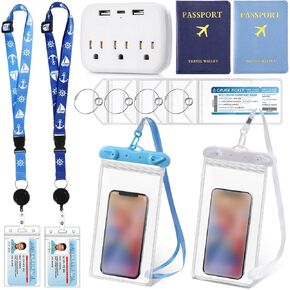 Qilery 11 Pcs Cruise Accessories Kit 2 Cruise Lanyards for Ship Cards 4 Waterproof Luggage Tag Holder with Metal Loop 2 Passport Holder 2 Waterproof Phone Bags 1 Cruise Power Strip (Classic Color)