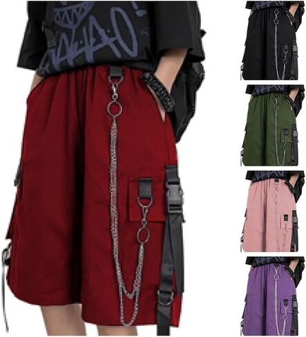 Womens Baggy Cargo Y2K Shorts High Waist Elastic Waist Wide Leg Pockets Shorts with Chain in Saudi Arabia