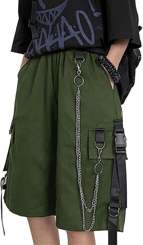 Womens Baggy Cargo Y2K Shorts High Waist Elastic Waist Wide Leg Pockets Shorts with Chain in Saudi Arabia