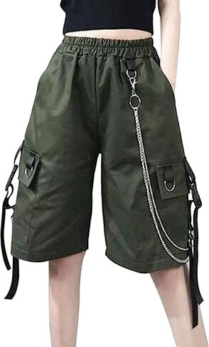 Womens Baggy Cargo Y2K Shorts High Waist Elastic Waist Wide Leg Pockets Shorts with Chain in Saudi Arabia