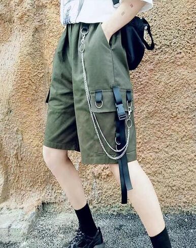 Womens Baggy Cargo Y2K Shorts High Waist Elastic Waist Wide Leg Pockets Shorts with Chain in Saudi Arabia