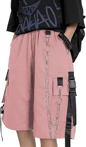Womens Baggy Cargo Y2K Shorts High Waist Elastic Waist Wide Leg Pockets Shorts with Chain in Saudi Arabia