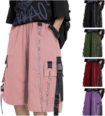 Womens Baggy Cargo Y2K Shorts High Waist Elastic Waist Wide Leg Pockets Shorts with Chain in Saudi Arabia