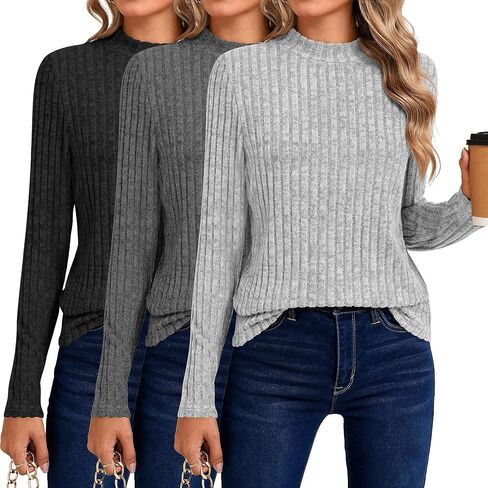Riyiper 3 Pack Women's Mock Neck Sweaters, Long Sleeve Lightweight Tops Casual Soft Sweaters Knit Slim Fitted Basic Pullover in Kuwait