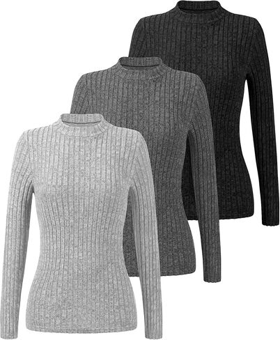 Riyiper 3 Pack Women's Mock Neck Sweaters, Long Sleeve Lightweight Tops Casual Soft Sweaters Knit Slim Fitted Basic Pullover in Kuwait