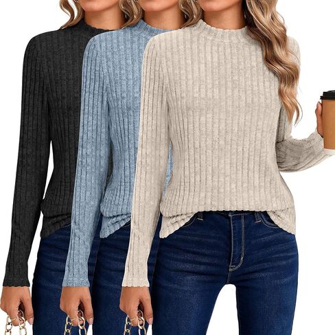 Riyiper 3 Pack Women's Mock Neck Sweaters, Long Sleeve Lightweight Tops Casual Soft Sweaters Knit Slim Fitted Basic Pullover in Kuwait