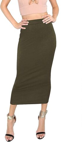 MakeMeChic Women's Solid Basic Below Knee Stretchy Pencil Skirt in Kuwait
