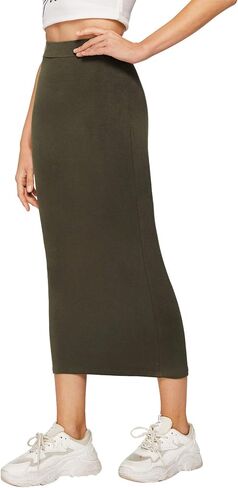 MakeMeChic Women's Solid Basic Below Knee Stretchy Pencil Skirt in Kuwait
