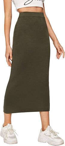 MakeMeChic Women's Solid Basic Below Knee Stretchy Pencil Skirt in Kuwait