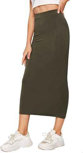 MakeMeChic Women's Solid Basic Below Knee Stretchy Pencil Skirt in Kuwait