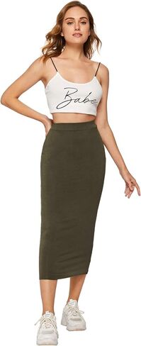 MakeMeChic Women's Solid Basic Below Knee Stretchy Pencil Skirt in Kuwait