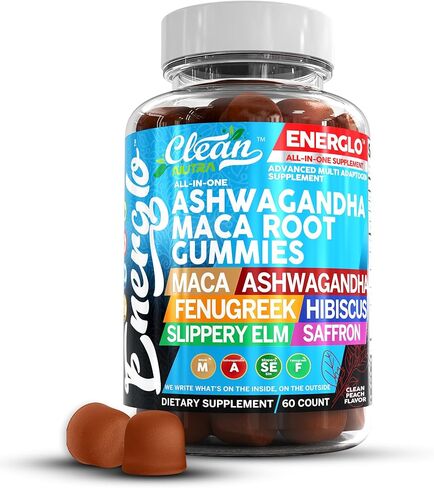 Ashwagandha Maca Root Gummies with Fenugreek Hibiscus Slippery Elm Saffron Extract & Beta Carotene | Peach Flavor Vegan Gummy Vitamins Adaptogen Cortisol Supplement Energlo by Clean Nutra in Kuwait