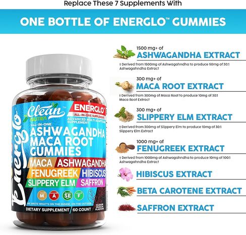 Ashwagandha Maca Root Gummies with Fenugreek Hibiscus Slippery Elm Saffron Extract & Beta Carotene | Peach Flavor Vegan Gummy Vitamins Adaptogen Cortisol Supplement Energlo by Clean Nutra in Kuwait