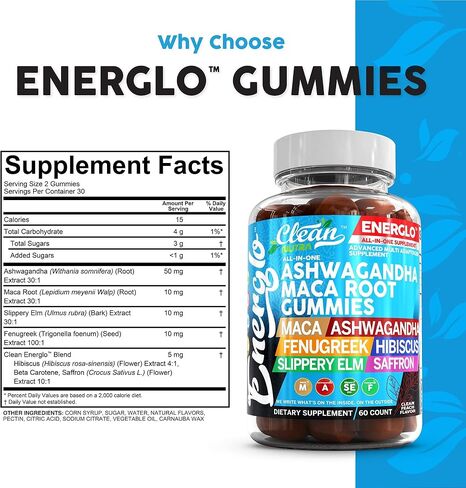 Ashwagandha Maca Root Gummies with Fenugreek Hibiscus Slippery Elm Saffron Extract & Beta Carotene | Peach Flavor Vegan Gummy Vitamins Adaptogen Cortisol Supplement Energlo by Clean Nutra in Kuwait