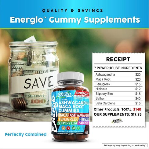 Ashwagandha Maca Root Gummies with Fenugreek Hibiscus Slippery Elm Saffron Extract & Beta Carotene | Peach Flavor Vegan Gummy Vitamins Adaptogen Cortisol Supplement Energlo by Clean Nutra in Kuwait