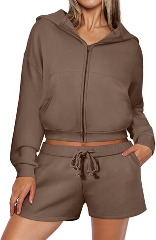REORIA Women 2 Piece Outfits Sweat Shorts Sets 2024 Fall Fleece Zip Up Hoodie Lounge Matching Set Sweatsuit Tracksuit Clothes in Saudi Arabia