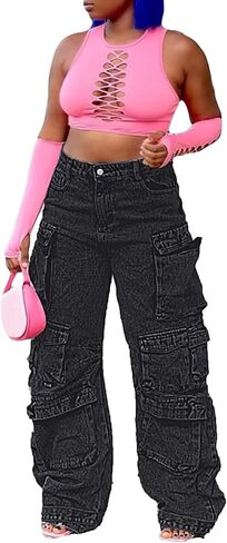 LKOUS Women's Y2K Baggy Straight Wide Leg Cargo Jeans, Streetwear High Waisted Denim Pant in Saudi Arabia