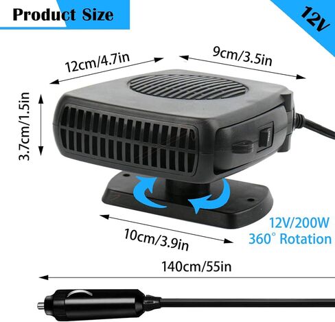 سخان سيارة 12 فولت 200 وات، سخان سيارة محمول يدور 360 درجة ومزيل الصقيع، سخان سيارة مزيل الضباب عن الزجاج الأمامي يتم توصيله بولاعة السجائر (أسود) in Kuwait