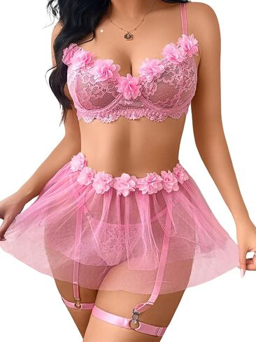 Lace Lingerie Garter Set,3D Floral Sheer Mesh Tulle Skirt,4 Pieces Sexy Boudoir Outfits For Women Valentines Day in Saudi Arabia