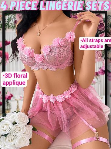 Lace Lingerie Garter Set,3D Floral Sheer Mesh Tulle Skirt,4 Pieces Sexy Boudoir Outfits For Women Valentines Day in Saudi Arabia