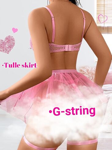 Lace Lingerie Garter Set,3D Floral Sheer Mesh Tulle Skirt,4 Pieces Sexy Boudoir Outfits For Women Valentines Day in Saudi Arabia