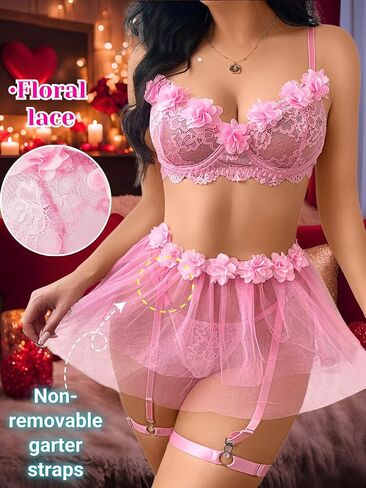 Lace Lingerie Garter Set,3D Floral Sheer Mesh Tulle Skirt,4 Pieces Sexy Boudoir Outfits For Women Valentines Day in Saudi Arabia