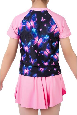 Girls Rashguard Set Flowy Skirt with Butterfly Short Print Short Sleeve Shirt Non-See Through Swimsuit 3-12 Years in Saudi Arabia