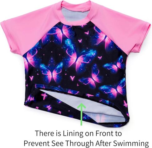Girls Rashguard Set Flowy Skirt with Butterfly Short Print Short Sleeve Shirt Non-See Through Swimsuit 3-12 Years in Saudi Arabia