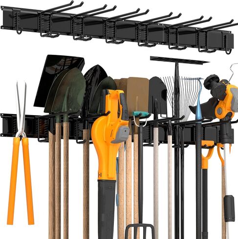 Garage Tool Storage Rack, Heavy Duty Garage Storage Organizer Rack System Wall Mounted Tool with 6 double hooks, 2 rails, Garden Yard Tools Hanger Rack for Ski Gears, Broom, Rake,Shovel in Kuwait