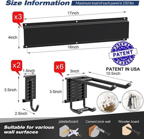 Garage Tool Storage Rack, Heavy Duty Garage Storage Organizer Rack System Wall Mounted Tool with 6 double hooks, 2 rails, Garden Yard Tools Hanger Rack for Ski Gears, Broom, Rake,Shovel in Kuwait
