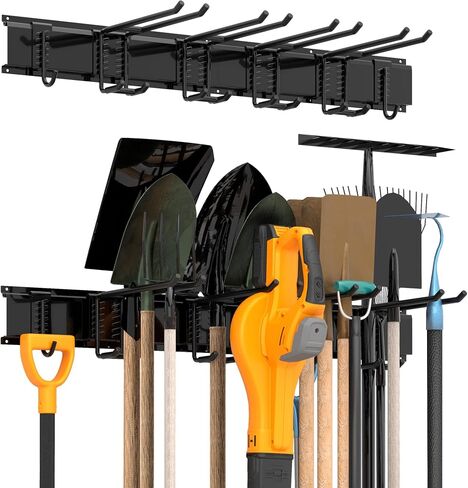 Garage Tool Storage Rack, Heavy Duty Garage Storage Organizer Rack System Wall Mounted Tool with 6 double hooks, 2 rails, Garden Yard Tools Hanger Rack for Ski Gears, Broom, Rake,Shovel in Kuwait